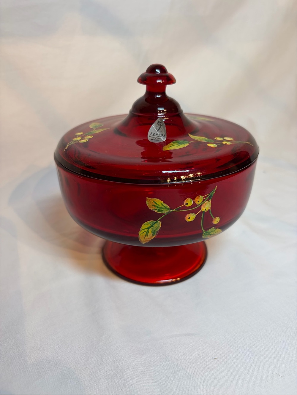 Fenton Red Glass Covered Compote with Hand-Painted Yellow Berries